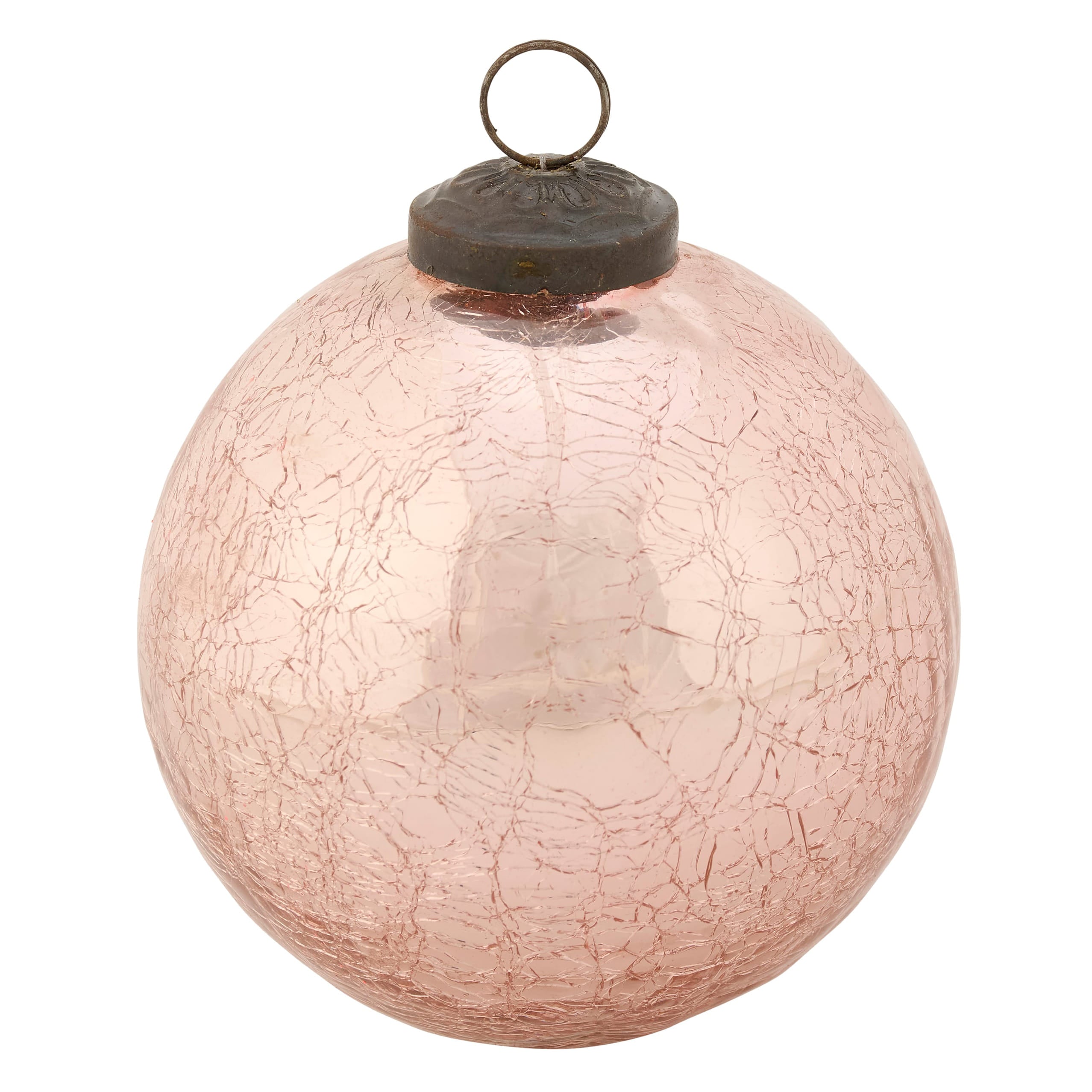 A delicate pink ball glass ornament with crackled texture and dark metal cap perfect for christmas décor