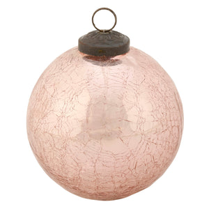 A delicate pink ball glass ornament with crackled texture and dark metal cap perfect for christmas décor