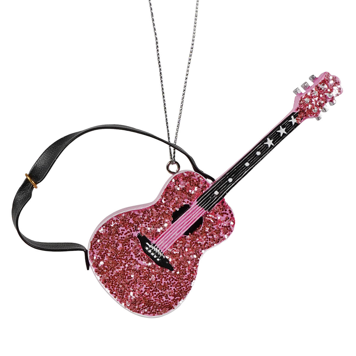 Pink glittered guitar ornament with black strap and silver star inlays perfect for holiday decorating