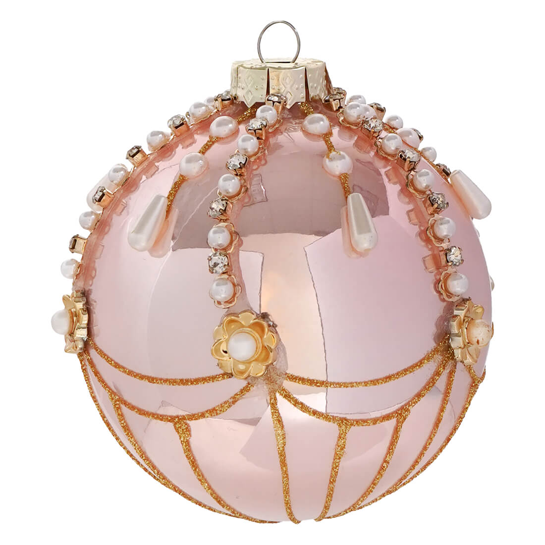 Delicate raz imports soft pink pearl ball ornament with gold pearl fairground glitter lines and crystal accents