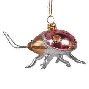 Glossy red and gold glass ladybug beetle ornament with metallic silver legs and glittery trim cody foster ornament