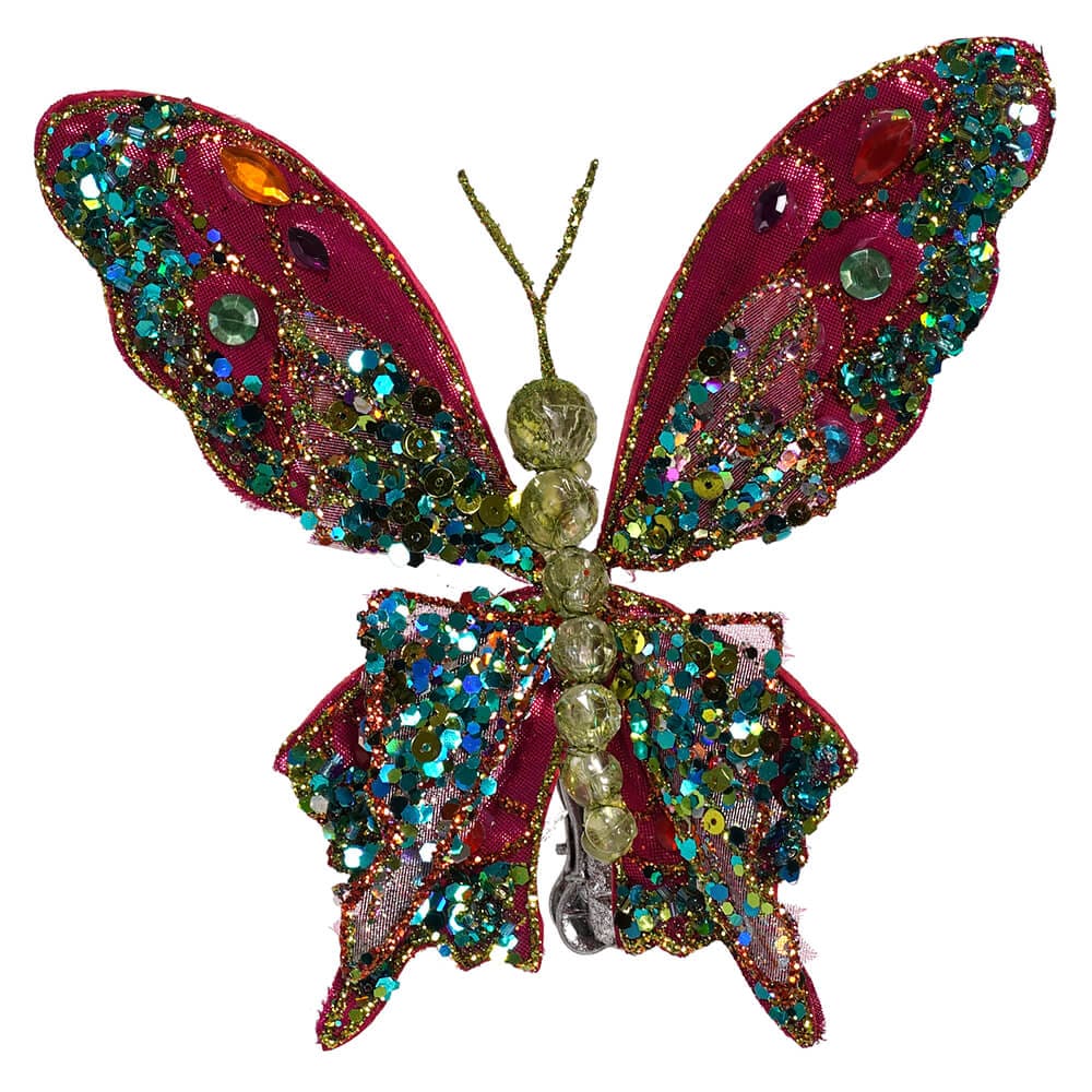 Pink & Green Multicolored Jeweled & Glittered Butterfly Clip Ornament