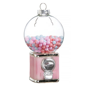 Pink gumball machine ornament with clear glass dome silver accents and vibrant pink base for festive decor