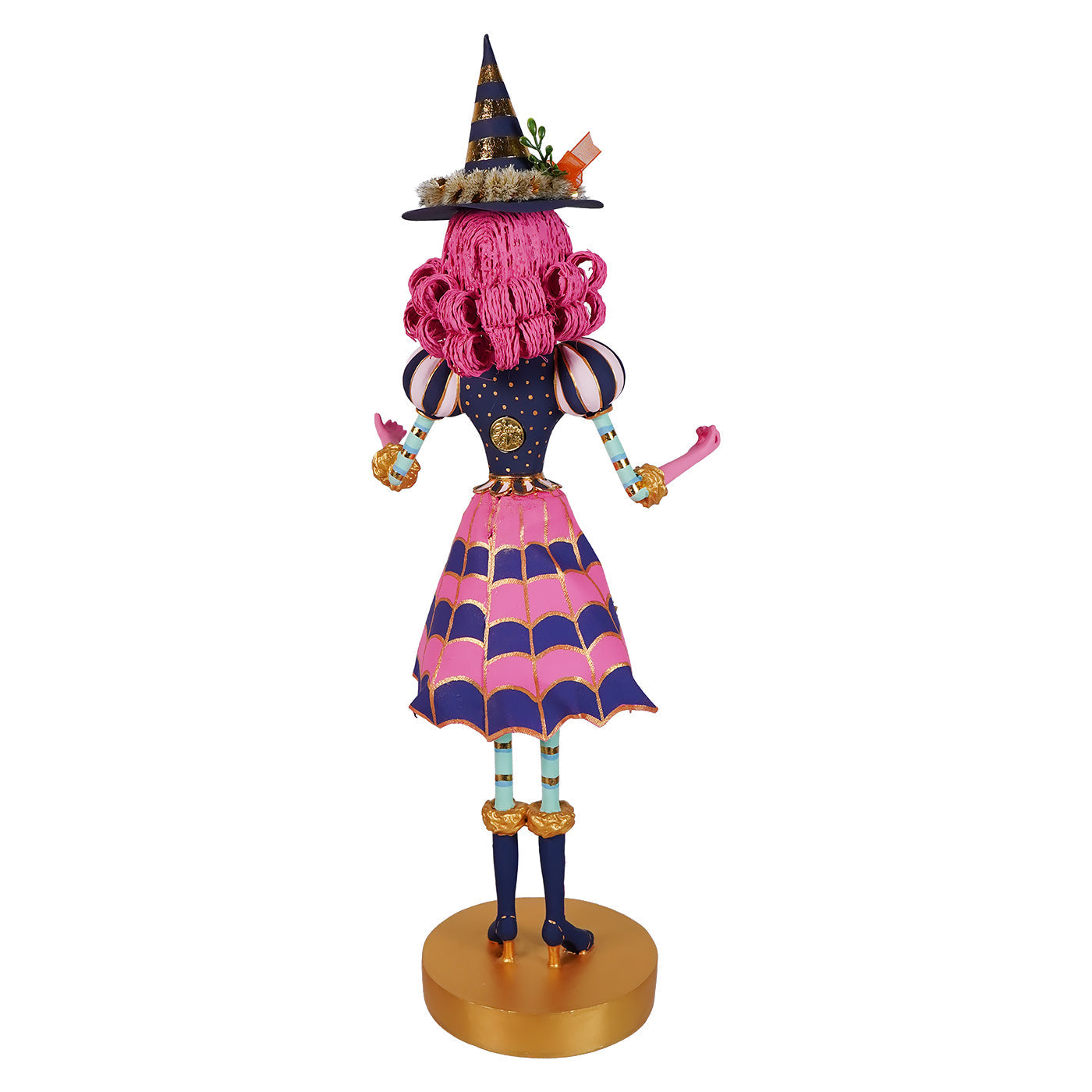 Pink itchy witchy tabletop edition with vibrant pink curly hair and navy blue gold striped hat for halloween witches decor