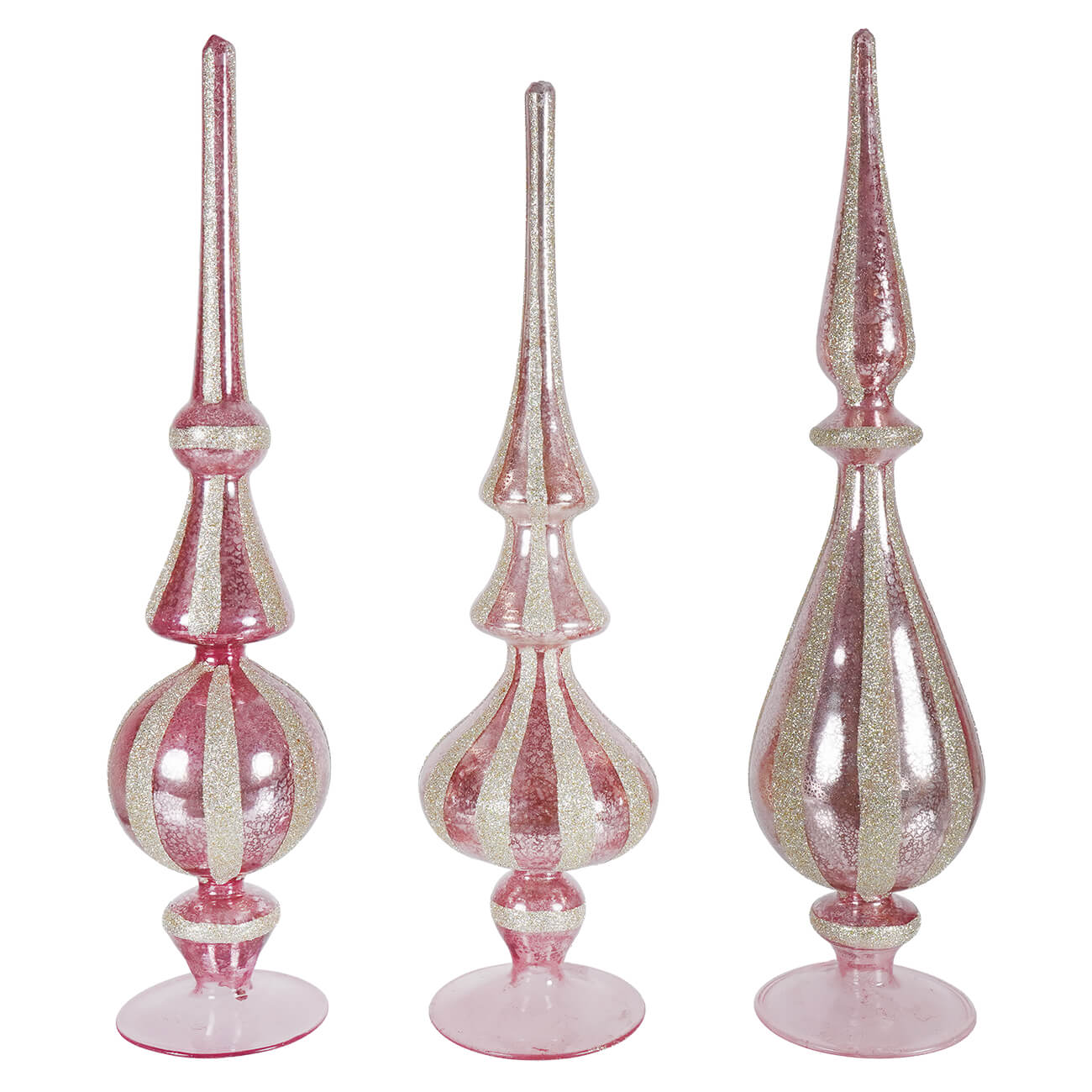 Three pink and silver striped mercury glass finials with champagne glitter in a textured mercury glass set of 3