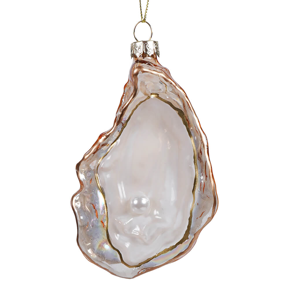A pink oyster pearl blown glass gallerie ii ornament shaped like a shell with a gold rim and small pearl inside