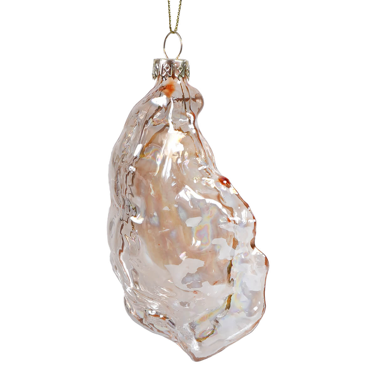 Clear glass pink oyster shell ornament with amber and white pearl blown swirls for seashore ornaments collection