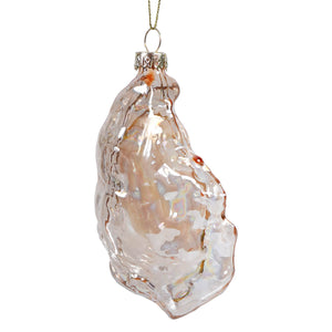 Clear glass pink oyster shell ornament with amber and white pearl blown swirls for seashore ornaments collection