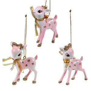 Pink retro deer ceramic christmas reindeer ornaments set of 3 with gold glitter bows and bells by raz imports