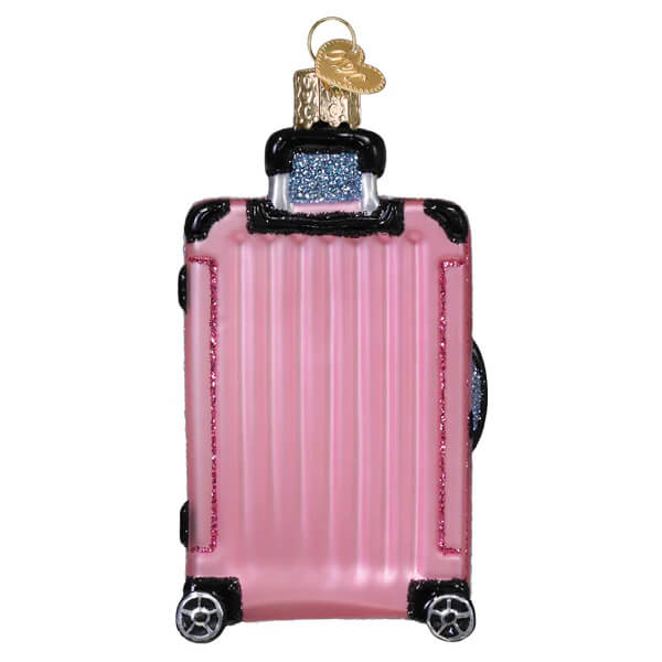 Pink rolling suitcase ornament with glittery finish black trim silver wheels and gold keychain travel ornament