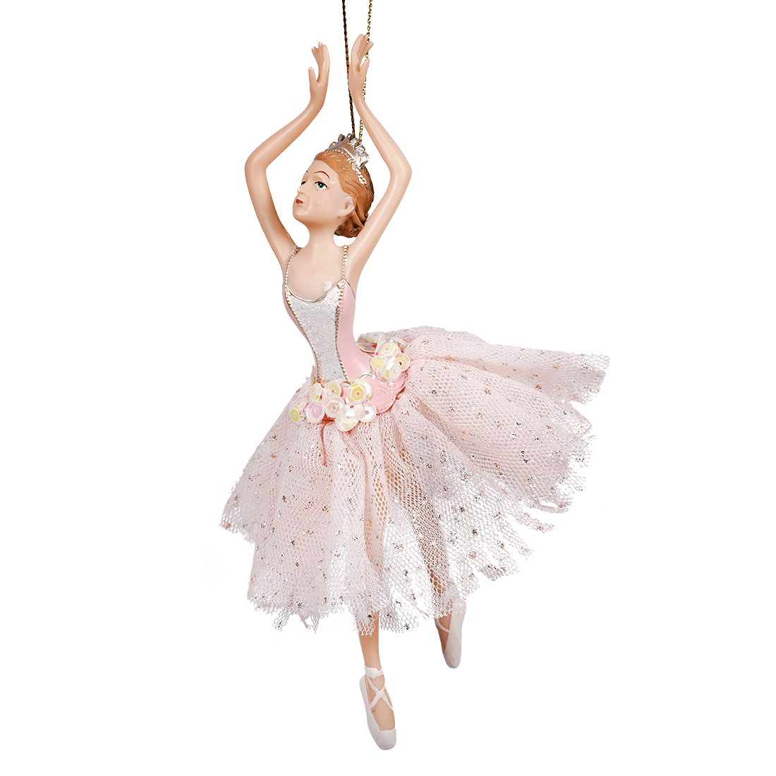Delicate pink and white kurt adler head ballerina ornament with sparkling tiara and floral tutu details