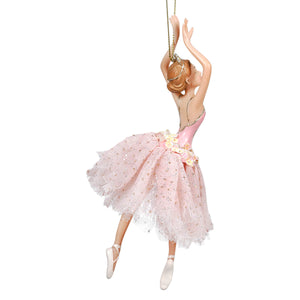 A delicate pink head ballerina ornament with lace tutu gold trim and sparkling tiara by kurt adler