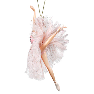 A delicate pink sequin leaping ballerina ornament with a sheer tulle glitter skirt and gold chain hanging loop