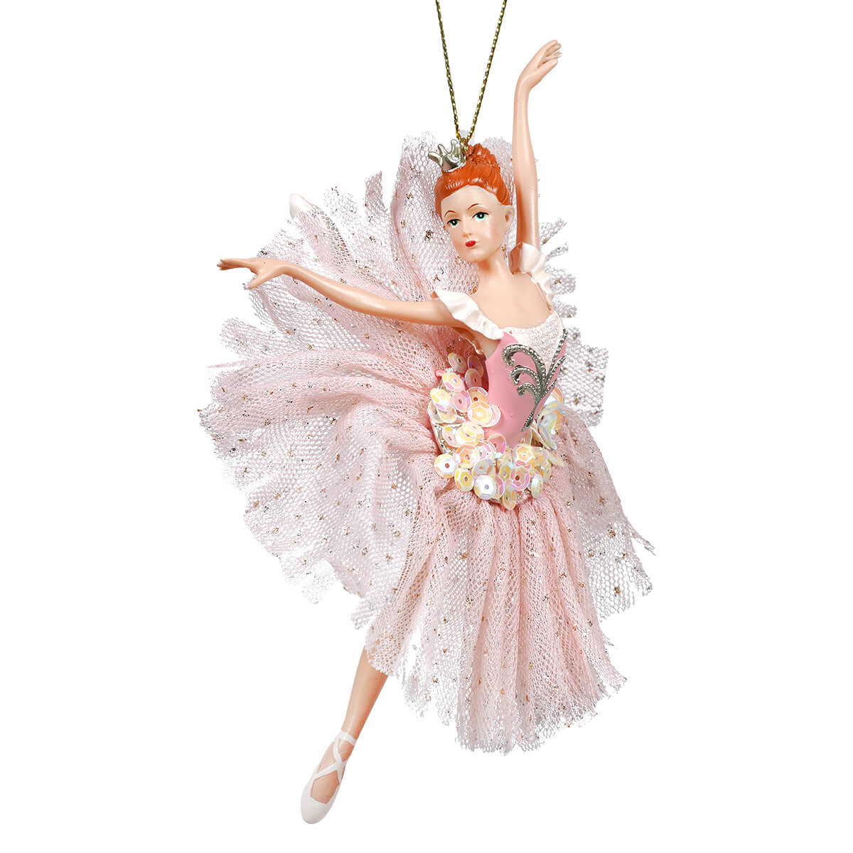 A delicate pink sequin leaping ballerina ornament with sparkling tutu, floral details, and an orange hairpiece