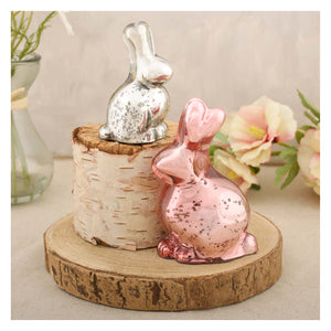 Pink and silver glass bunny figurines set of 2 with rose gold and speckled silver finish vintage easter bunny decor
