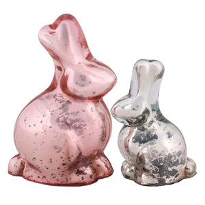 Pink and silver mercury glass bunny figurines set of 2 with speckled reflective finish vintage easter bunny decor