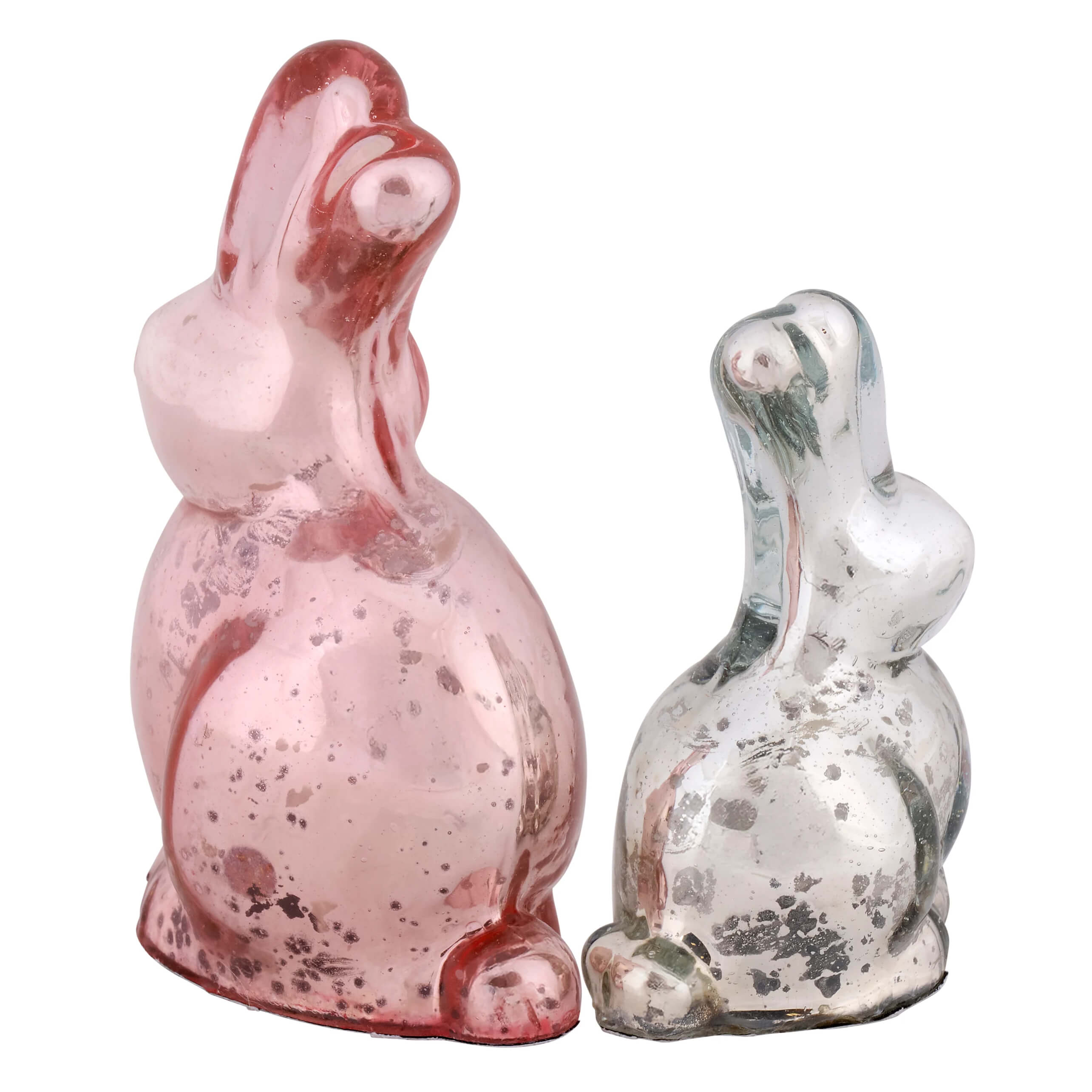 Pink and silver glass bunny figurines set of 2 with speckled pink and mirrored silver finish vintage easter bunny decor