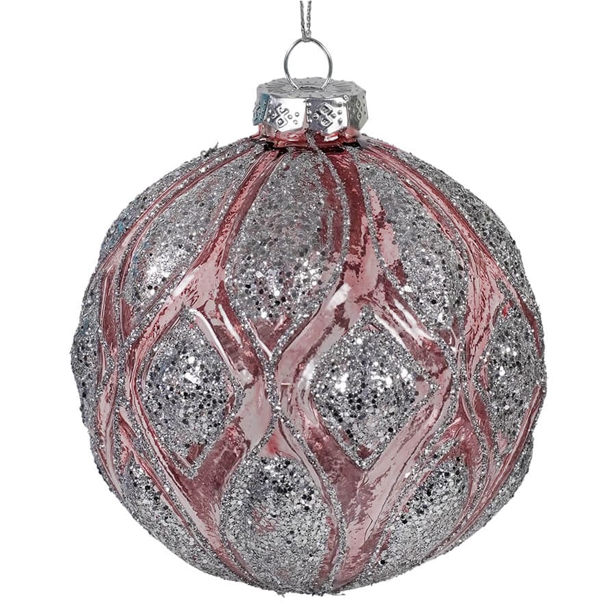 Pink & Silver Glittered Glass Ball Ornament - Ornaments