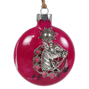 Vibrant fuchsia handcrafted glass ornament featuring a silver horse head with pink gemstones and sun motif