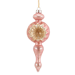Delicate pink spire glass ornament with gold leaf floral design and metallic loop for traditional vintage christmas ornaments