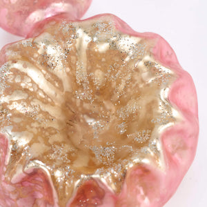 Pink spire glass ornament with pink and gold glittery resin and scalloped edge perfect for traditional vintage christmas ornaments