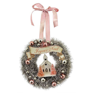 Pink Tinsel Wreath With Church Ornament