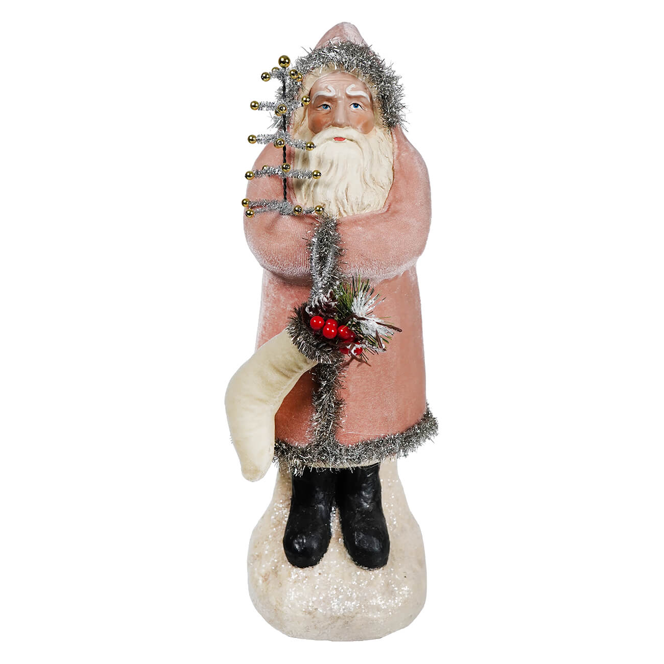 Vintage velvet belsnickle santa figurine in soft pink coat with tinsel trim holding decorated christmas tree branch