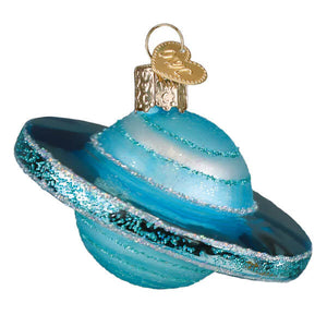 Blue glass planet uranus ornament with glittery rings and gold hanging loop christmas glass ornament