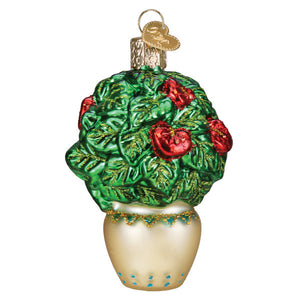 Plant mom ornament green glass potted plant with red heart blossoms and cream base blue dots gardening ornaments