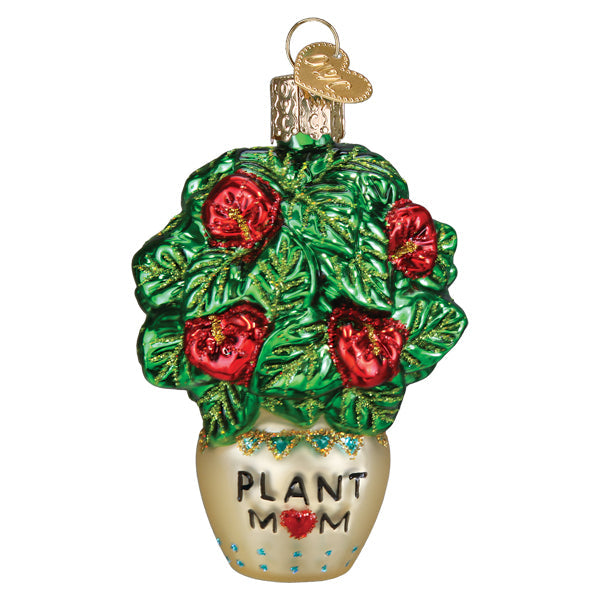 A glossy glass plant mom ornament shaped like a potted plant with green leaves and red flowers, perfect for gardening ornaments