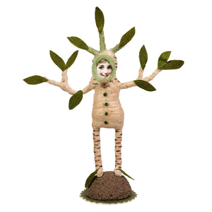 A whimsical plant person figure with a smiling birch bark face and green leafy spun cotton illusion branches