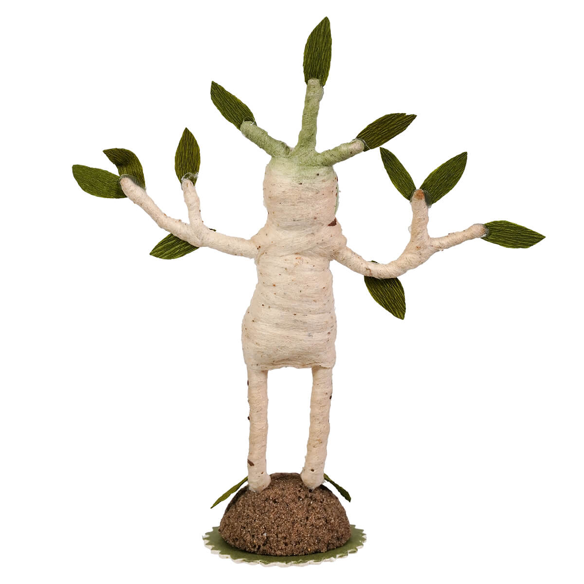 Whimsical plant person figure with white bark skin and green leafy arms made from spun cotton illusion material