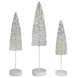 Platinum Glitter Flocked Bottle Brush Trees Set/3
