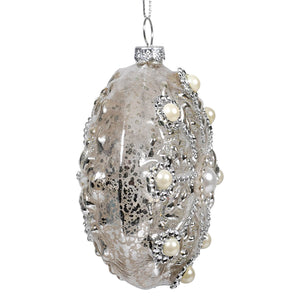Silver mercury glass egg ornament with intricate silver filigree and pearl accents from platinum gold glass gilded pearl disc christmas ornaments