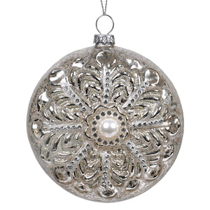 Platinum gold glass gilded pearl disc ornament with silver mercury glass, floral etching, pearl accent, and crystal details