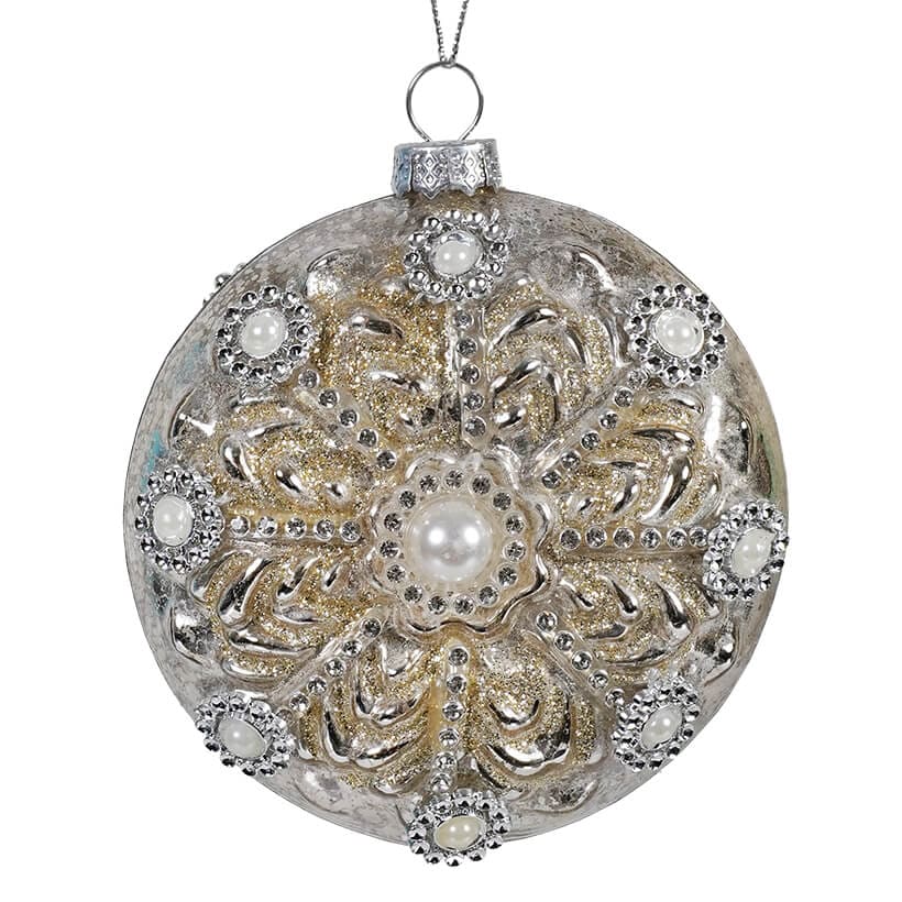 Platinum Gold Glass Gilded Pearl Disc Ornament - Ornaments