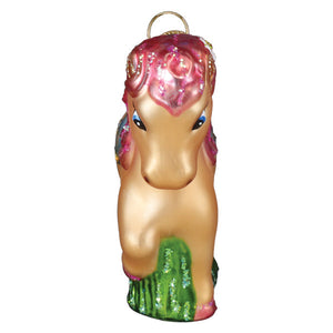 Playful pony shetland pony ornament glass figural decor with pink glittery mane and green sparkly grass base