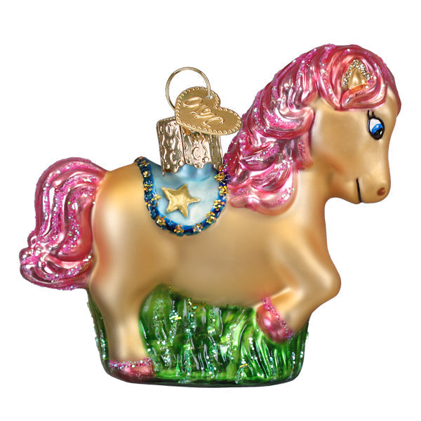 Playful pony ornament glass & glitter shetland pony ornament with golden body pink mane and blue star saddle figural decor