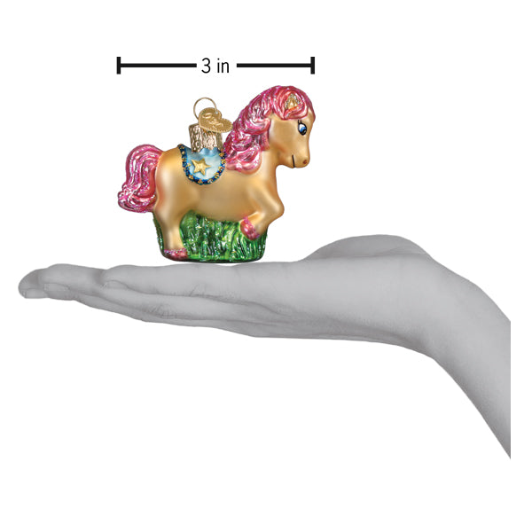 Delicate glass & glitter shetland pony ornament with golden body pink mane and blue star saddle figural decor