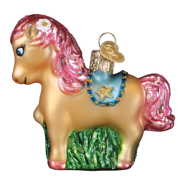 A charming glass and glitter shetland pony ornament with a tan body, pink mane, and blue starry saddle figural decor