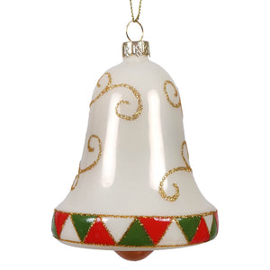 White glass poinsettia bell blown glass ornament with gold glitter swirls and red green triangular pattern base vintage bell ornaments
