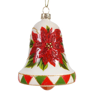 A festive white poinsettia bell blown glass ornament with a red glitter flower and vintage bell ornaments design