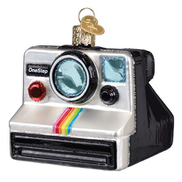 Silver and black glass polaroid onestep camera ornament with rainbow stripe glittery lens and gold keychain figural decor