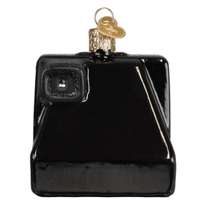 Black glossy ceramic camera ornament shaped like vintage polaroid with gold heart tag figural decor for tree toppers