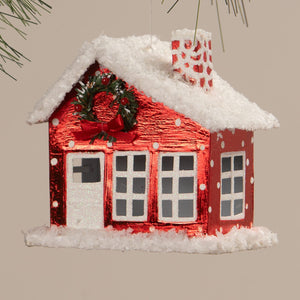 Red glittery polka dot tin house ornament with snow dusted roof and wreath perfect for merry and bright house ornaments set