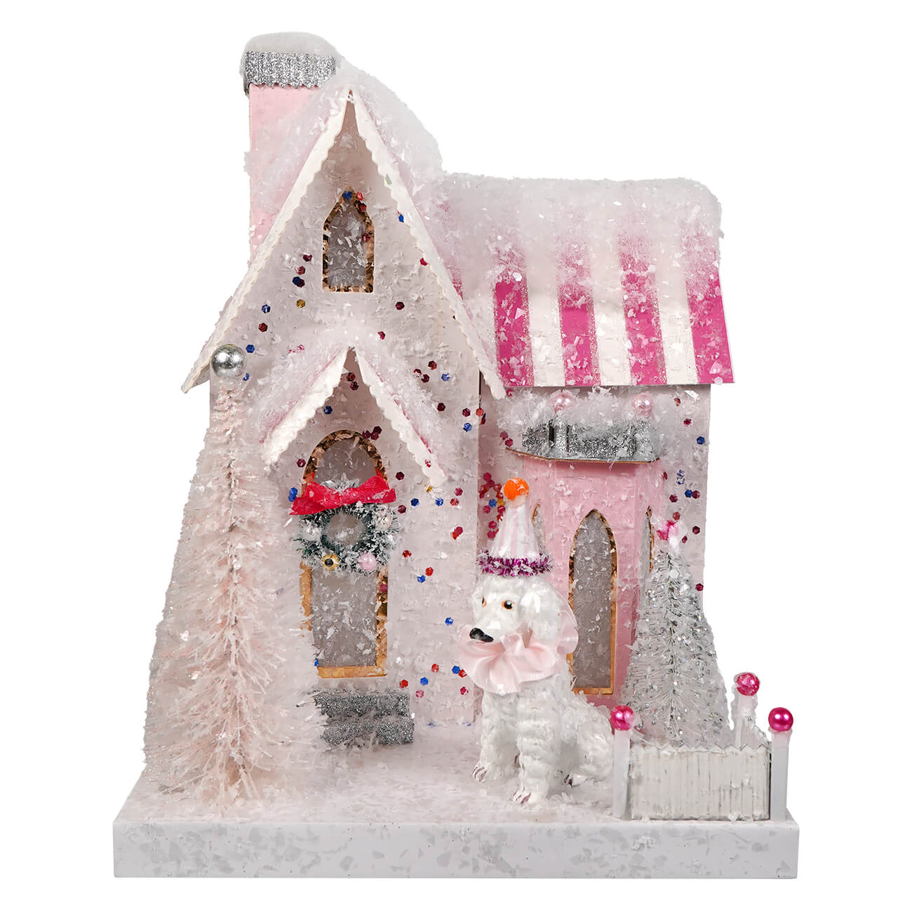 Decorative pink and white cody foster poodle palace christmas village house with glittery snow striped awning and ornaments