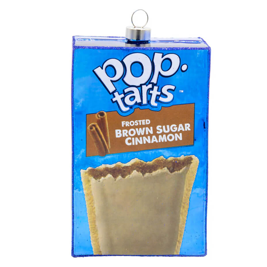 Blue glass pop-tarts™ official licensed ornament shaped like a frosted brown sugar cinnamon box with silver loop