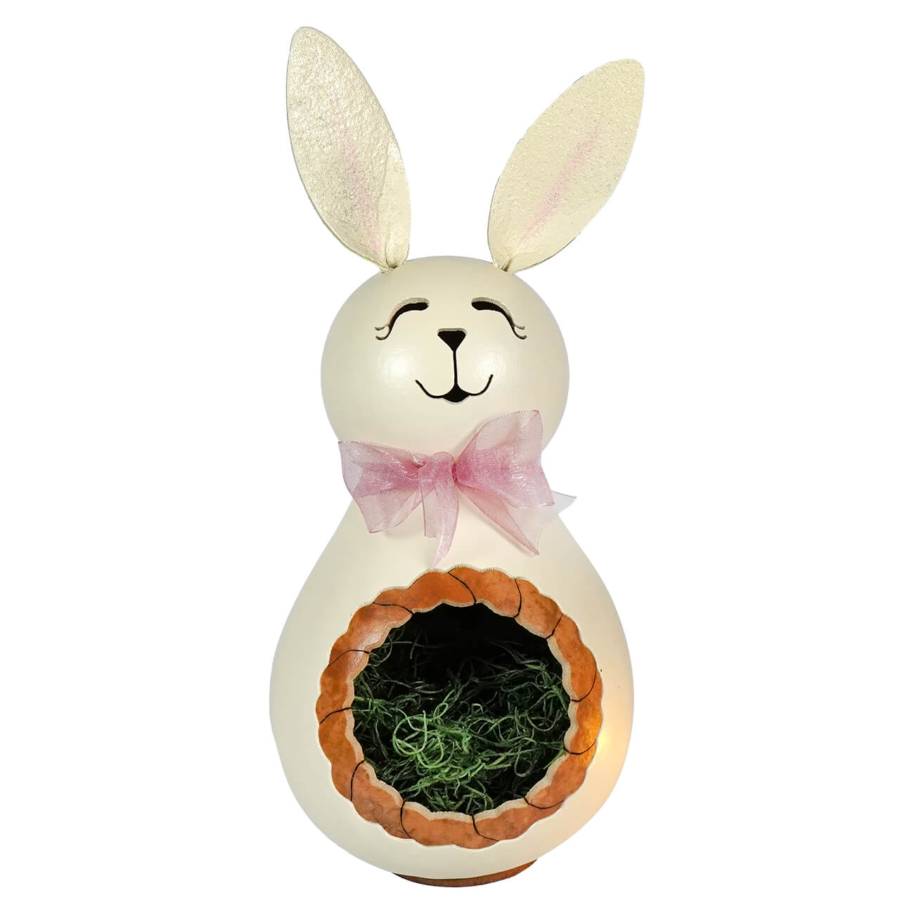 White ceramic easter bunny gourd candy dish with pink bow and circular opening showing meadowbrooke gourds grass