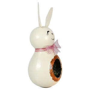 White ceramic easter bunny candy dish with pink ribbon and decorative eggshell opening from meadowbrooke gourds