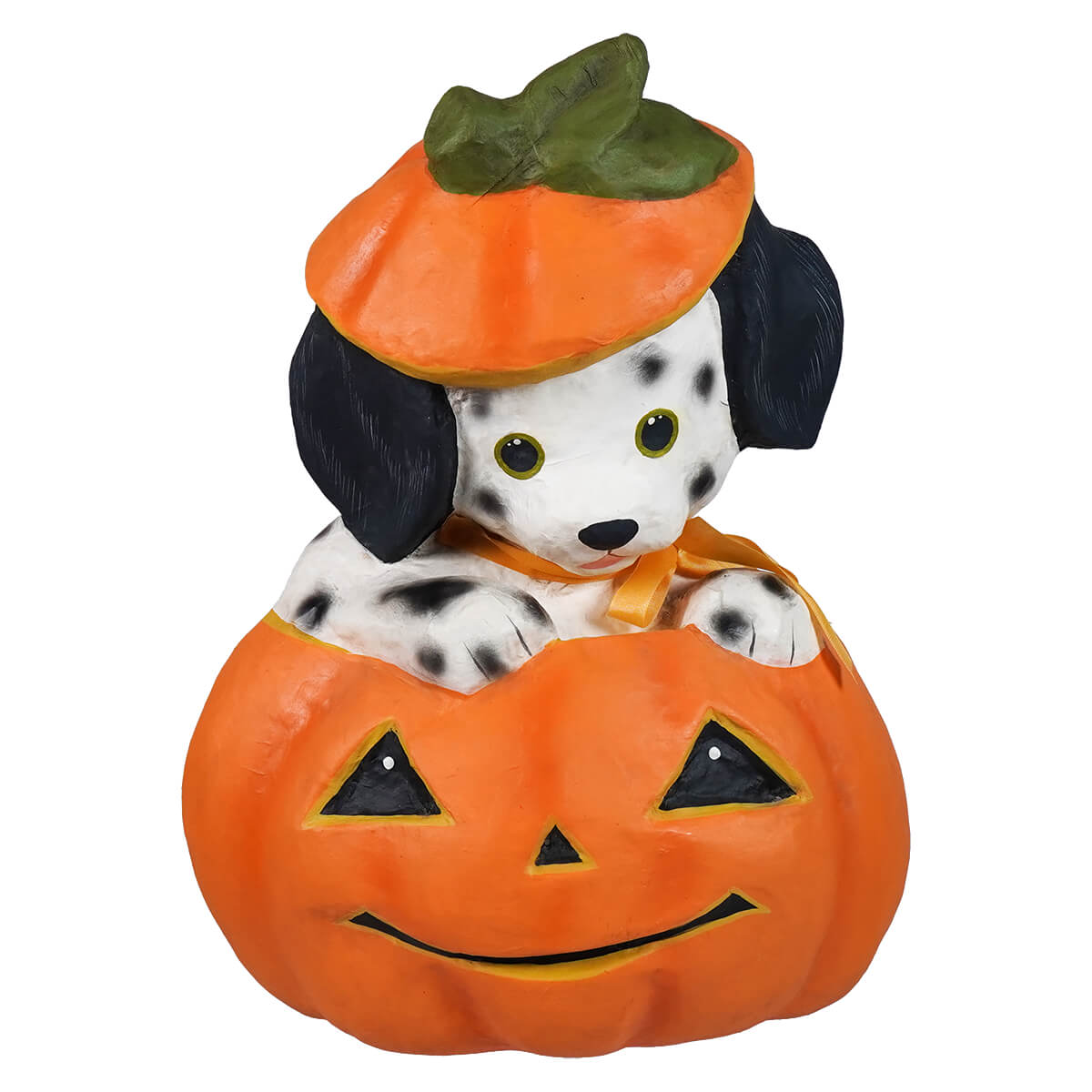 A poppy puppy dalmatian puppy sitting inside a halloween pumpkins pumpkin, perfect for festive decor